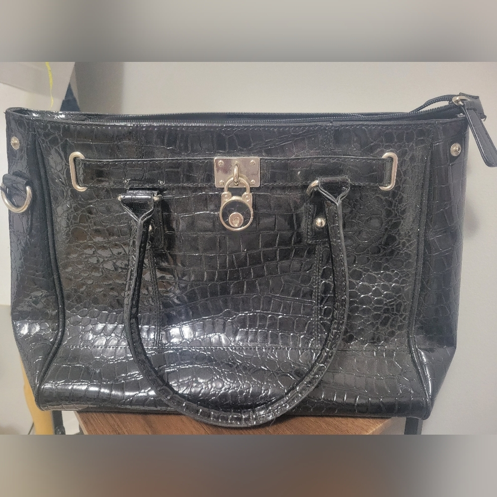 New York & Company Elegant  Black Crocodile-Embossed Handbag